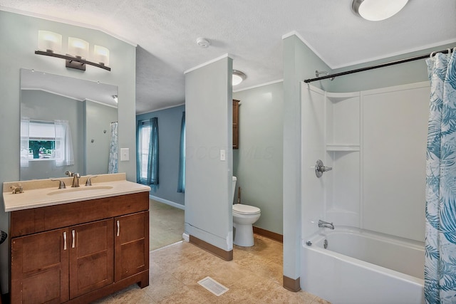 8 Winter Pine Dr, Delaware, OH 43015 - bathroom with shower / bath combo with shower curtain, vanity, a textured ceiling, and ornamental molding