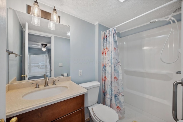 8 Winter Pine Dr, Delaware, OH 43015 - full bathroom with a shower with shower curtain, a textured ceiling, vanity, and ceiling fan