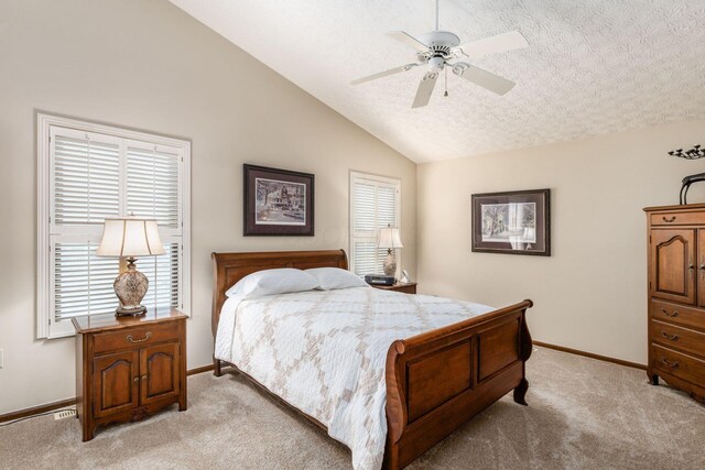 5584 Tangarey Ct, Columbus, OH 43235 - bedroom with light colored carpet, baseboards, lofted ceiling, a textured ceiling, and ceiling fan