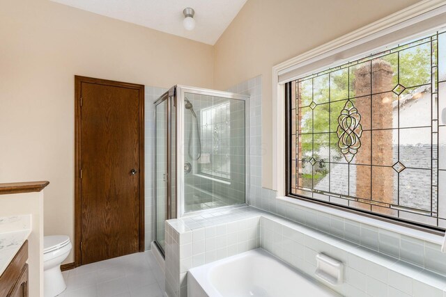 5584 Tangarey Ct, Columbus, OH 43235 - full bathroom featuring vanity, a garden tub, a stall shower, toilet, and tile patterned flooring