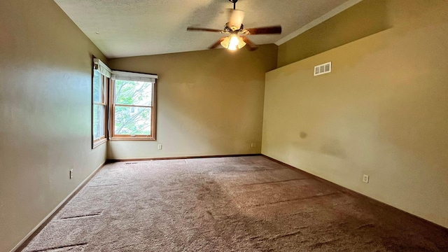 5459 Red Wynne Ln, Hilliard, OH 43026 - unfurnished room featuring vaulted ceiling, carpet floors, ceiling fan, and a textured ceiling