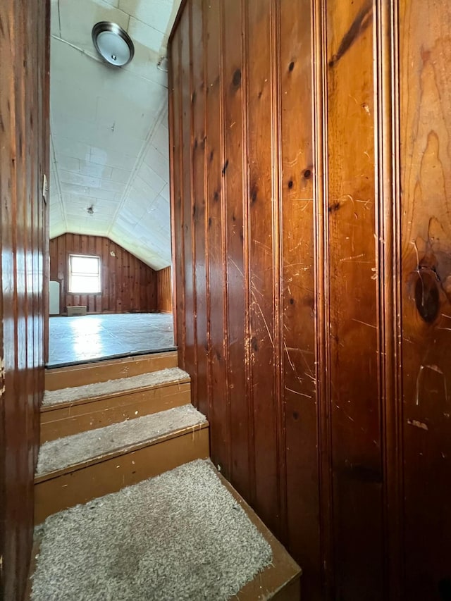 527 N 15th St, Coshocton, OH 43812 - stairs featuring vaulted ceiling and wood walls