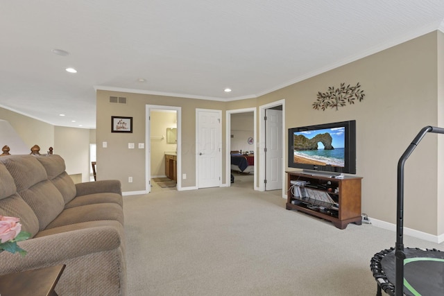8708 Belworth Sq, New Albany, OH 43054 - living area featuring baseboards, light carpet, crown molding, and recessed lighting