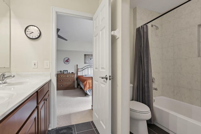 8708 Belworth Sq, New Albany, OH 43054 - ensuite bathroom with tile patterned floors, double vanity, shower / tub combo with curtain, and toilet