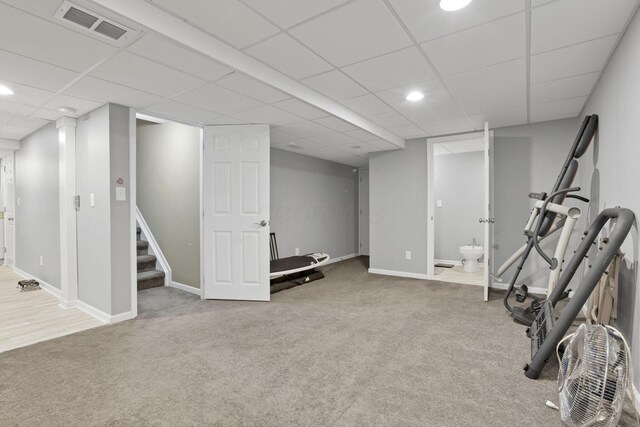 8708 Belworth Sq, New Albany, OH 43054 - exercise room featuring carpet flooring, a paneled ceiling, baseboards, and recessed lighting