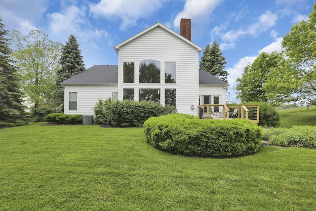 8708 Belworth Sq, New Albany, OH 43054 - rear view of property featuring a chimney, central air condition unit, a lawn, and a shingled roof