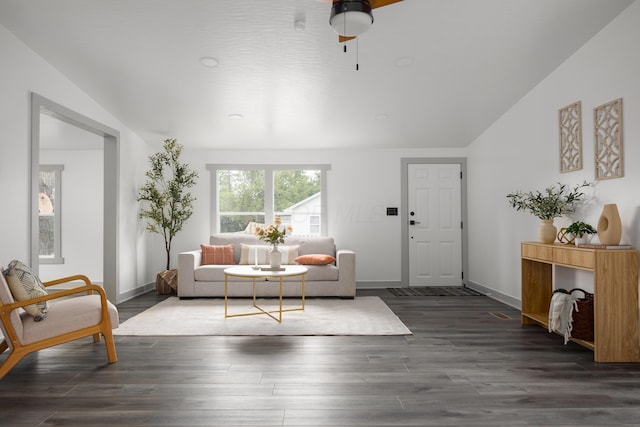 25 Vernon Ave, London, OH 43140 - living room featuring baseboards, dark wood-type flooring, vaulted ceiling, and ceiling fan