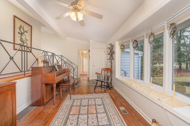 213 Kokosing Dr, Gambier, OH 43022 - sitting room featuring vaulted ceiling, hardwood / wood-style floors, stairs, and ceiling fan