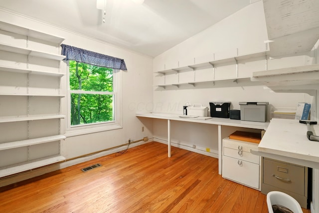 213 Kokosing Dr, Gambier, OH 43022 - office area featuring light wood-type flooring and vaulted ceiling
