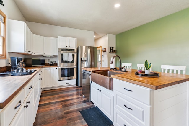 17994 Claypool Rd SE, Newark, OH 43056 - kitchen with wood counters, appliances with stainless steel finishes, a sink, dark wood-style floors, and an island with sink