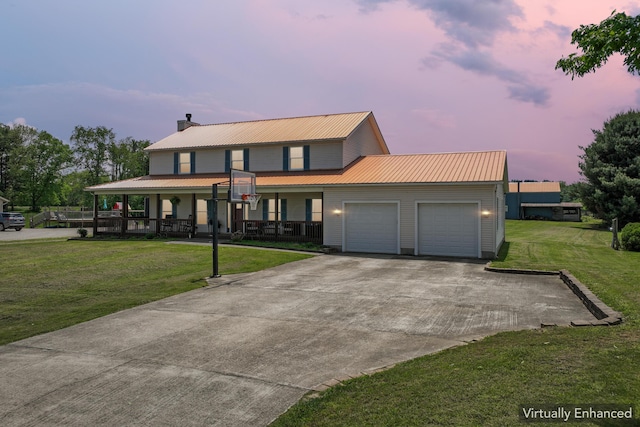 17994 Claypool Rd SE, Newark, OH 43056 - farmhouse inspired home with a porch, a front lawn, a garage, metal roof, and concrete driveway
