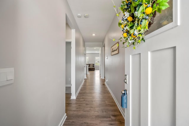 1002 Leslie Dr, Plain City, OH 43064 - hallway with dark wood-style floors, baseboards, and recessed lighting