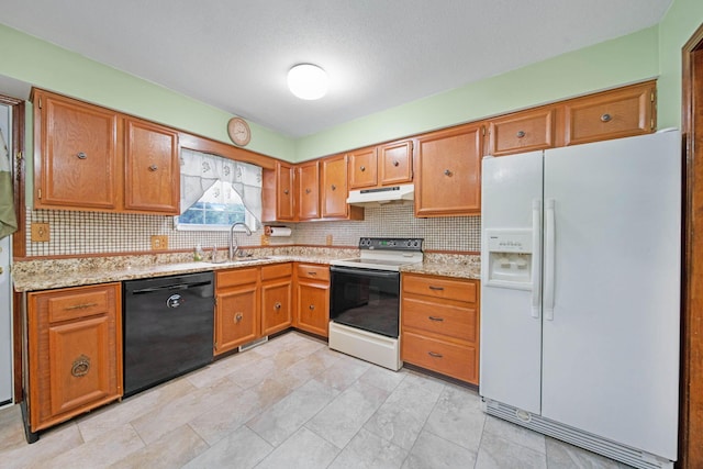 299 Sherwood Downs S, Newark, OH 43055 - kitchen featuring white appliances, under cabinet range hood, a sink, decorative backsplash, and brown cabinets