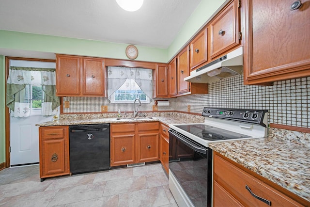 299 Sherwood Downs S, Newark, OH 43055 - kitchen with dishwasher, electric range, under cabinet range hood, a sink, and brown cabinetry