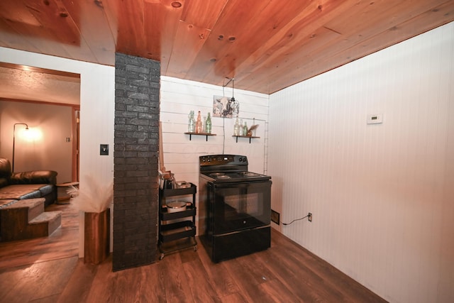 6566 S St, Marion, OH 43302 - detailed view of black range with electric cooktop, wood finished floors, and wooden ceiling