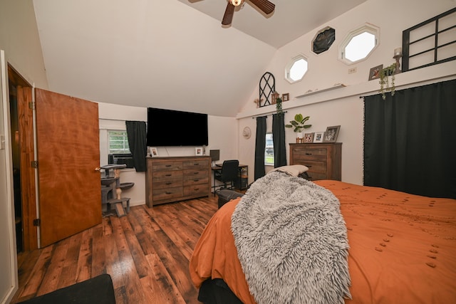 6566 S St, Marion, OH 43302 - bedroom with wood finished floors, a desk, high vaulted ceiling, and ceiling fan