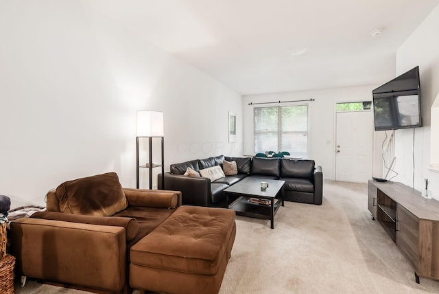 797 S Front St, Columbus, OH 43206 - living room featuring light carpet and vaulted ceiling