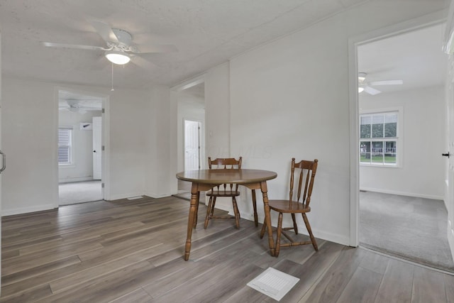 663 E Mound St, Circleville, OH 43113 - dining area featuring ceiling fan, wood finished floors, and baseboards