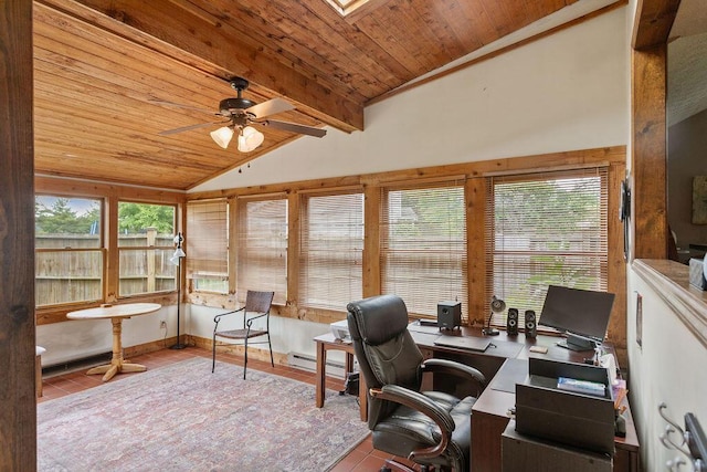 6799 Thrasher Ct, Orient, OH 43146 - tiled office featuring a ceiling fan, wood ceiling, and a baseboard radiator