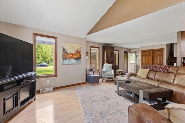 6799 Thrasher Ct, Orient, OH 43146 - living room featuring baseboards, light wood-type flooring, a textured ceiling, and lofted ceiling