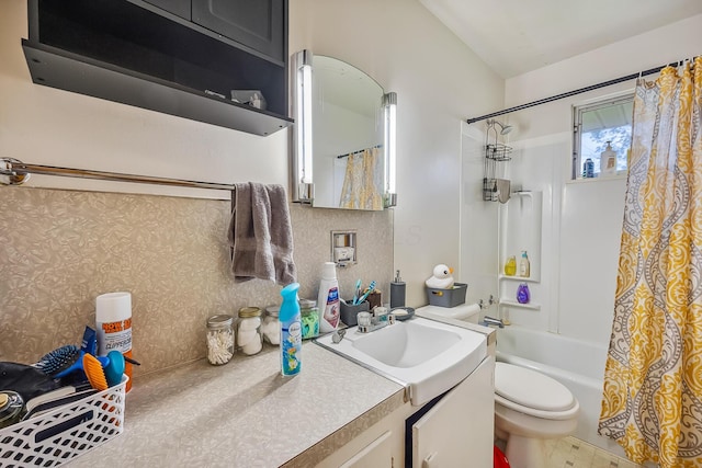320 N 3rd St, Coshocton, OH 43812 - bathroom with vanity, toilet, and shower / bathtub combination with curtain