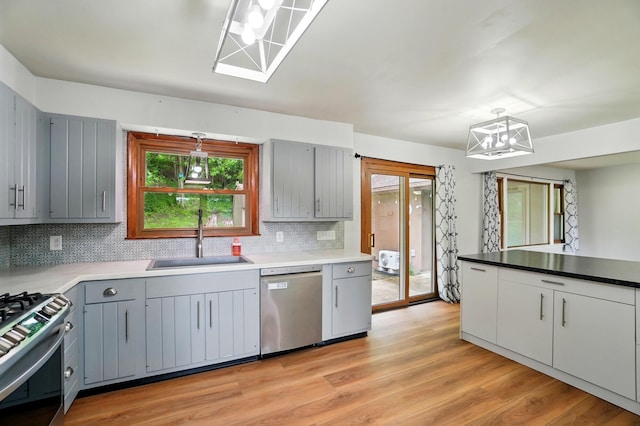 1244 N Broad St, Lancaster, OH 43130 - kitchen featuring appliances with stainless steel finishes, gray cabinets, a sink, a chandelier, and backsplash