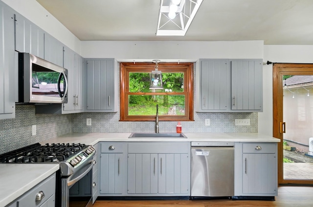 1244 N Broad St, Lancaster, OH 43130 - kitchen featuring appliances with stainless steel finishes, gray cabinets, a sink, tasteful backsplash, and light countertops