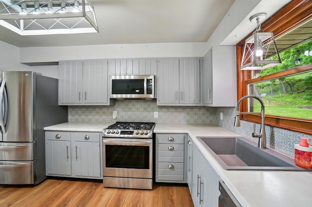 1244 N Broad St, Lancaster, OH 43130 - kitchen with stainless steel appliances, gray cabinetry, a sink, and backsplash