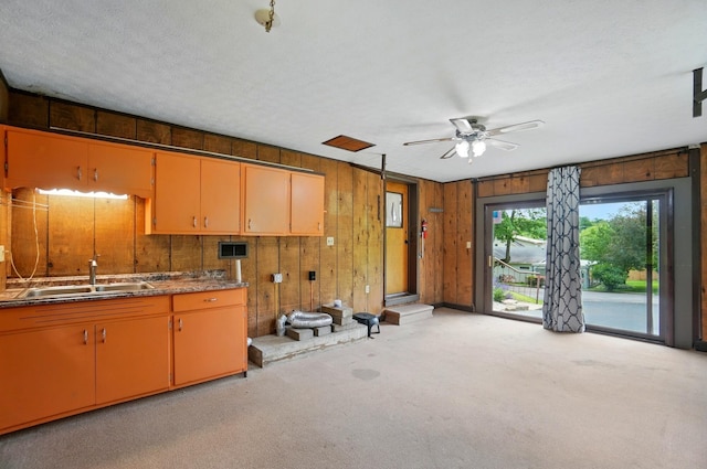 1244 N Broad St, Lancaster, OH 43130 - kitchen featuring a sink, light carpet, ceiling fan, wooden walls, and a textured ceiling