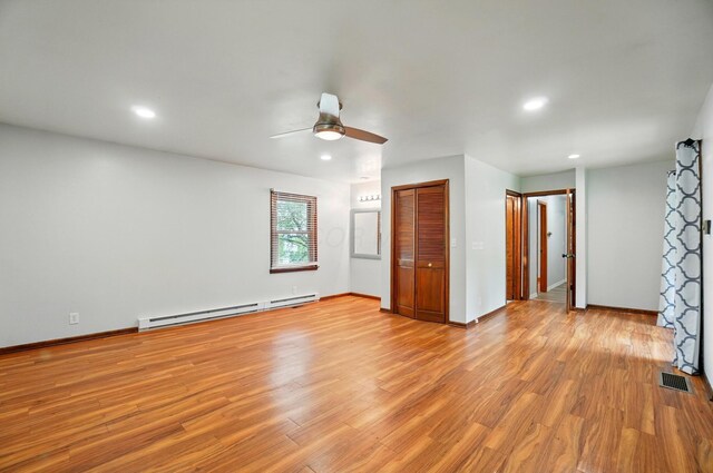 1244 N Broad St, Lancaster, OH 43130 - unfurnished bedroom with a baseboard heating unit, light wood-style flooring, recessed lighting, baseboards, and ceiling fan