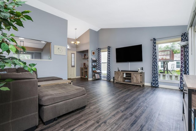 1790 Jupiter Ave, Hilliard, OH 43026 - living room featuring dark wood finished floors, baseboards, a chandelier, and high vaulted ceiling