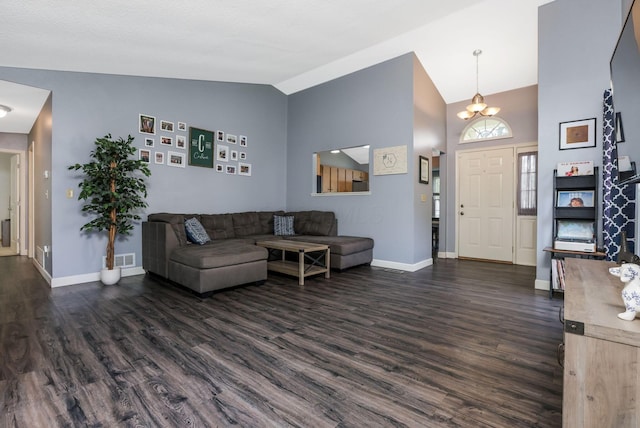 1790 Jupiter Ave, Hilliard, OH 43026 - living room with baseboards, dark wood-style floors, a chandelier, and high vaulted ceiling