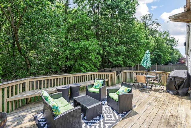 1790 Jupiter Ave, Hilliard, OH 43026 - wooden terrace featuring outdoor dining space, outdoor lounge area, a fenced backyard, and a grill