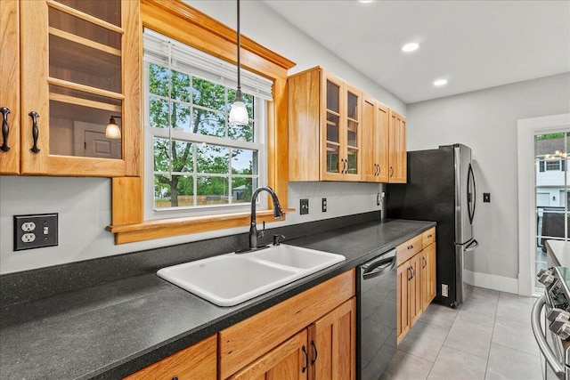 261 E Sandusky St, Mechanicsburg, OH 43044 - kitchen with dishwashing machine, a sink, dark countertops, stove, and recessed lighting