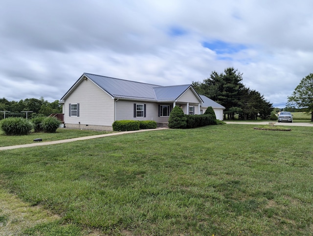 284 Camp Creek Rd, Lucasville, OH 45648 - ranch-style home with a front yard, metal roof, and a garage