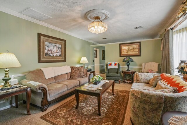 1235 Canteberry Ln, Mansfield, OH 44906 - carpeted living area with crown molding, a chandelier, and a textured ceiling