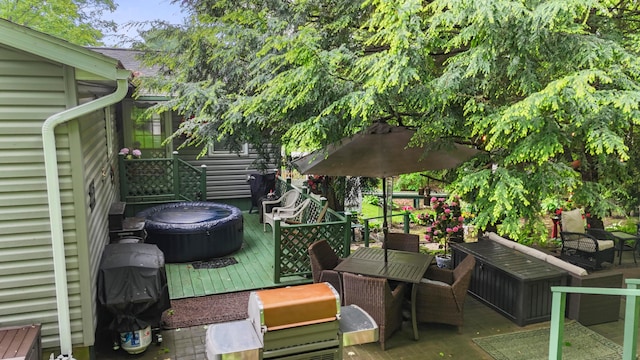 1235 Canteberry Ln, Mansfield, OH 44906 - view of patio with a hot tub, a wooden deck, and outdoor dining area