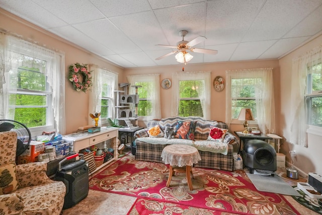 1235 Canteberry Ln, Mansfield, OH 44906 - living room with healthy amount of natural light, ceiling fan, and a drop ceiling