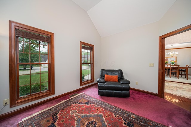 390 Engelwood Ct, Powell, OH 43065 - sitting room with a chandelier, plenty of natural light, carpet floors, and high vaulted ceiling