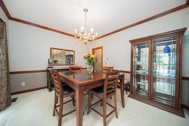 390 Engelwood Ct, Powell, OH 43065 - dining room featuring light colored carpet, a chandelier, and ornamental molding