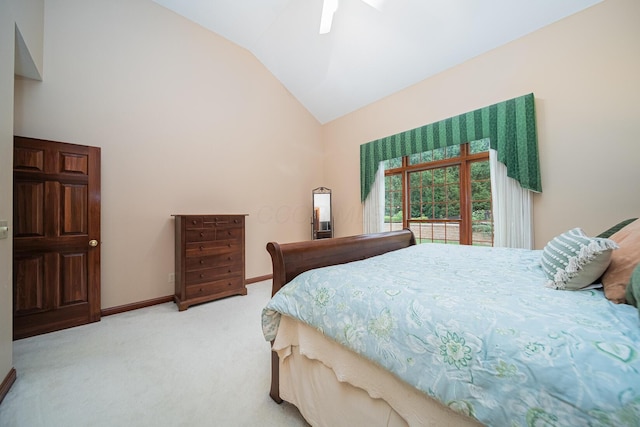 390 Engelwood Ct, Powell, OH 43065 - bedroom featuring light colored carpet, ceiling fan, and high vaulted ceiling