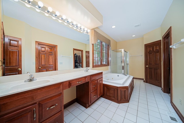 390 Engelwood Ct, Powell, OH 43065 - full bath featuring tile patterned flooring, a shower stall, a jetted tub, and double vanity