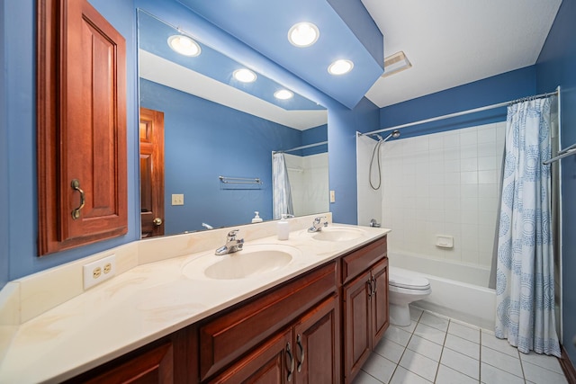 390 Engelwood Ct, Powell, OH 43065 - full bath featuring tile patterned flooring, shower / tub combo with curtain, double vanity, and recessed lighting