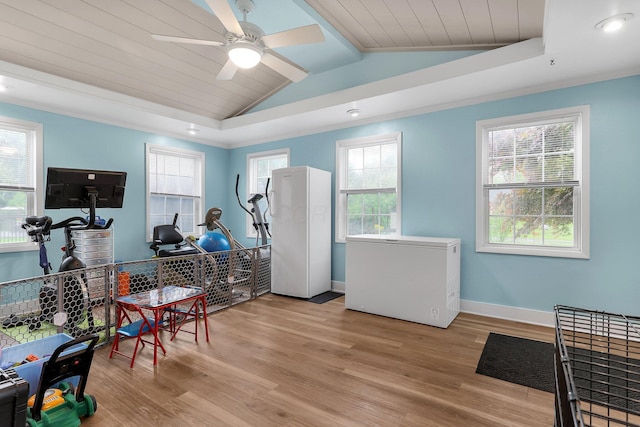 1200 Chanteloup Dr, Marion, OH 43302 - workout room with lofted ceiling, wood finished floors, baseboards, ceiling fan, and wood ceiling