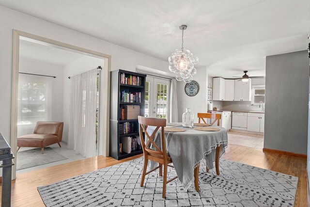 2690 Kingston Ave, Grove City, OH 43123 - dining space with light wood finished floors, a chandelier, ceiling fan, and baseboards