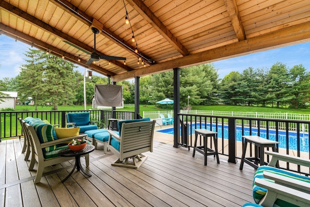 1861 Ginder Rd NW, Lancaster, OH 43130 - wooden terrace featuring an outdoor living space, ceiling fan, and view of scattered trees