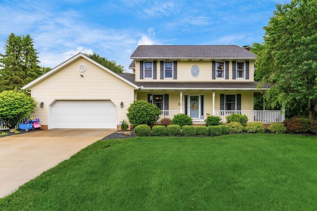 1861 Ginder Rd NW, Lancaster, OH 43130 - colonial inspired home featuring an attached garage, covered porch, driveway, a front yard, and a chimney