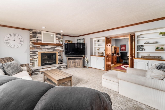 1861 Ginder Rd NW, Lancaster, OH 43130 - living room featuring light colored carpet, a desk, a stone fireplace, and crown molding