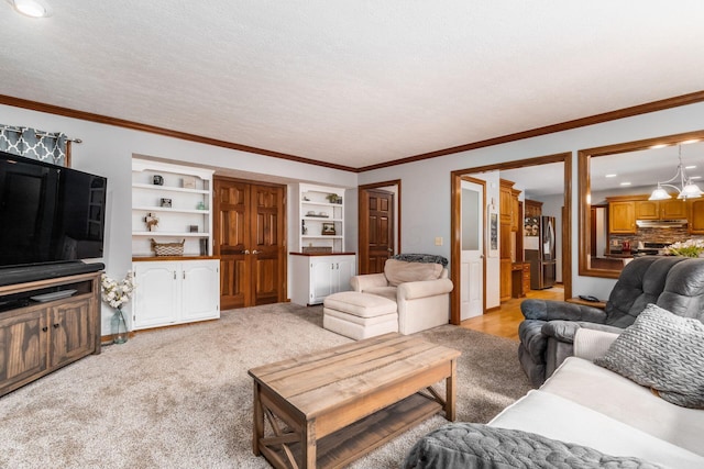 1861 Ginder Rd NW, Lancaster, OH 43130 - living room with crown molding, built in features, and light colored carpet