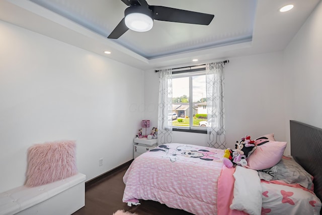 600 Kappler Rd, Heath, OH 43056 - bedroom featuring a raised ceiling, wood finished floors, recessed lighting, and ceiling fan